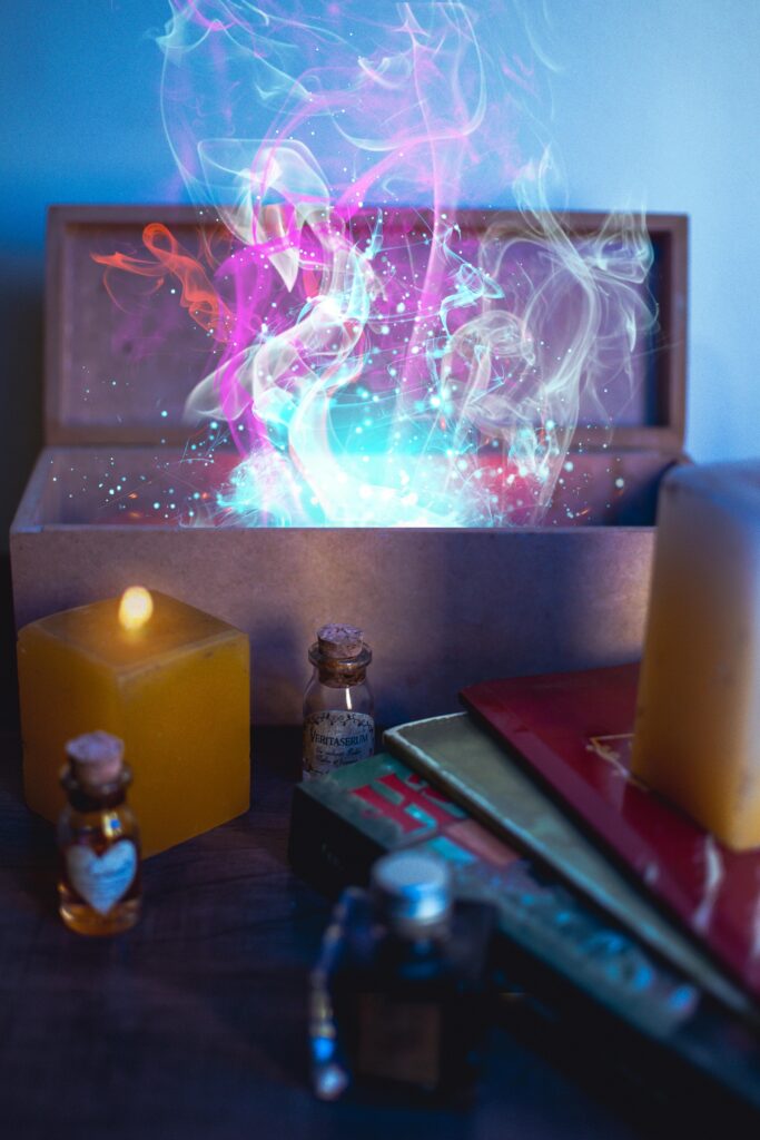 A magical scene with a glowing box, colorful smoke, candles, and potion bottles.